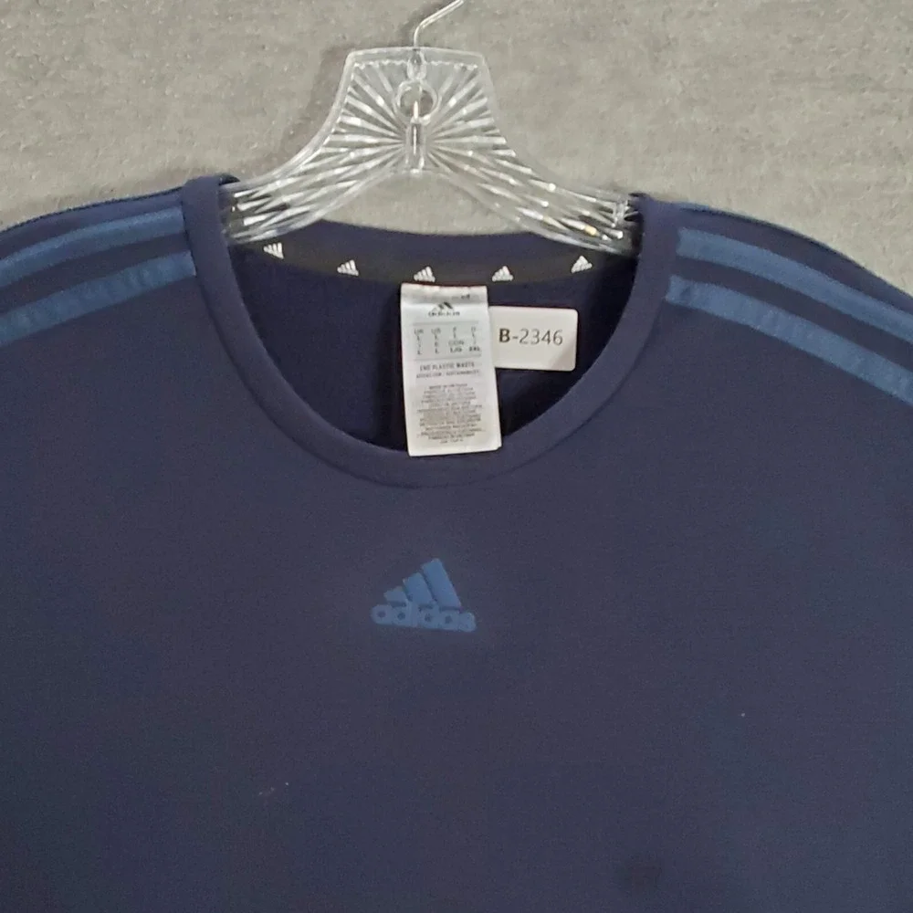 Adidas Men Sweater Large Blue Logo Three Stripe Crew Neck Long Sleeve READ
